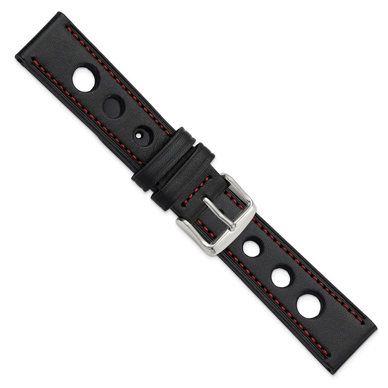 DeBeer 20mm Black Grand Prix Leather with Red Stitching and Silver-tone Buckle 7.5 inch Watch Band