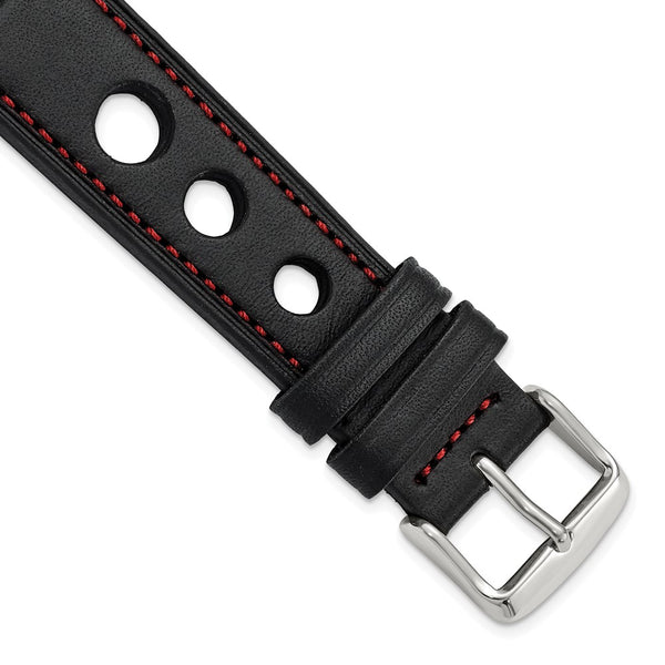 20mm Black Grand Prix Leather Red Stitch Silver-tone Buckle Watch Band