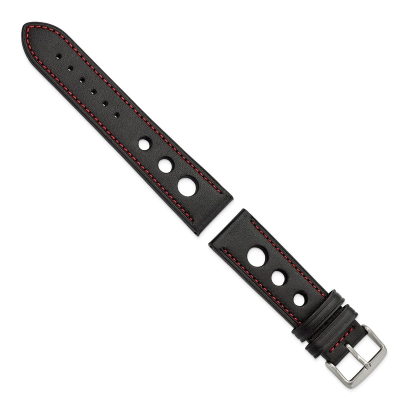 DeBeer 22mm Black Grand Prix Leather with Red Stitching and Silver-tone Buckle 7.5 inch Watch Band