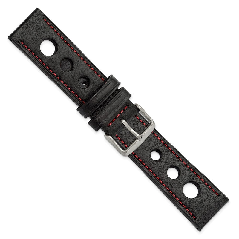 DeBeer 22mm Black Grand Prix Leather with Red Stitching and Silver-tone Buckle 7.5 inch Watch Band