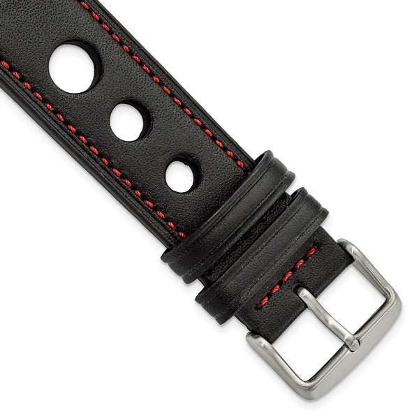 22mm Black Grand Prix Leather Red Stitch Silver-tone Buckle Watch Band