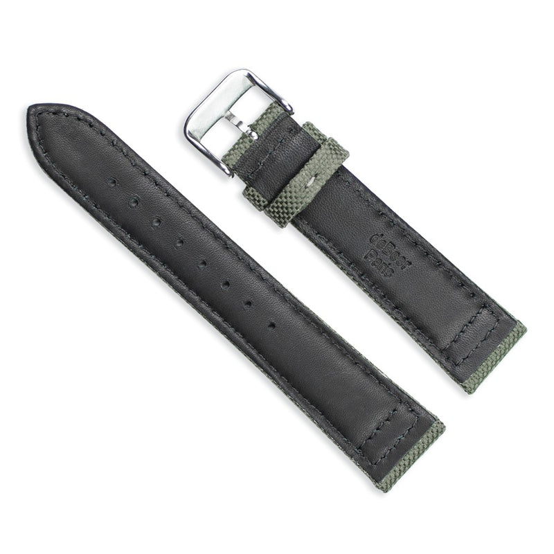 DeBeer 20mm Olive Nylon Canvas with Black Leather Lining and Brushed Stainless Steel Buckle 7.75 inch Watch Band
