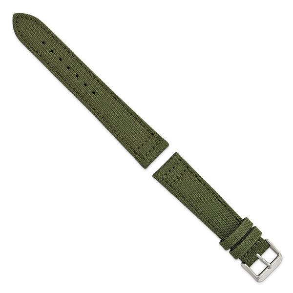 DeBeer 20mm Olive Nylon Canvas with Black Leather Lining and Brushed Stainless Steel Buckle 7.75 inch Watch Band