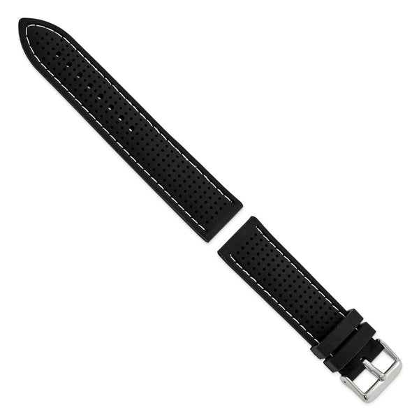 DeBeer 22mm Black Ventilated Silicone with White Stitching and Silver-tone Buckle 8 inch Watch Band