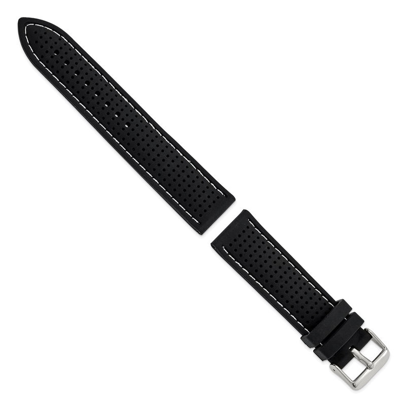 DeBeer 22mm Black Ventilated Silicone with White Stitching and Silver-tone Buckle 8 inch Watch Band