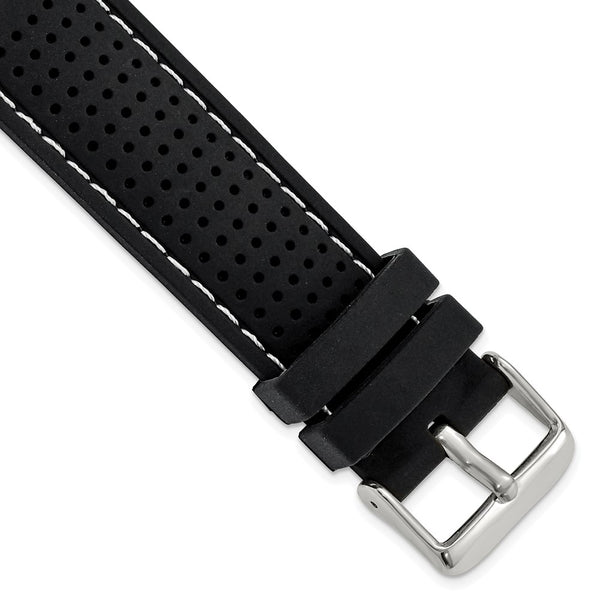 22mm Black White Stitch Ventilated Silicone Silver-tone Buckle Watch Band