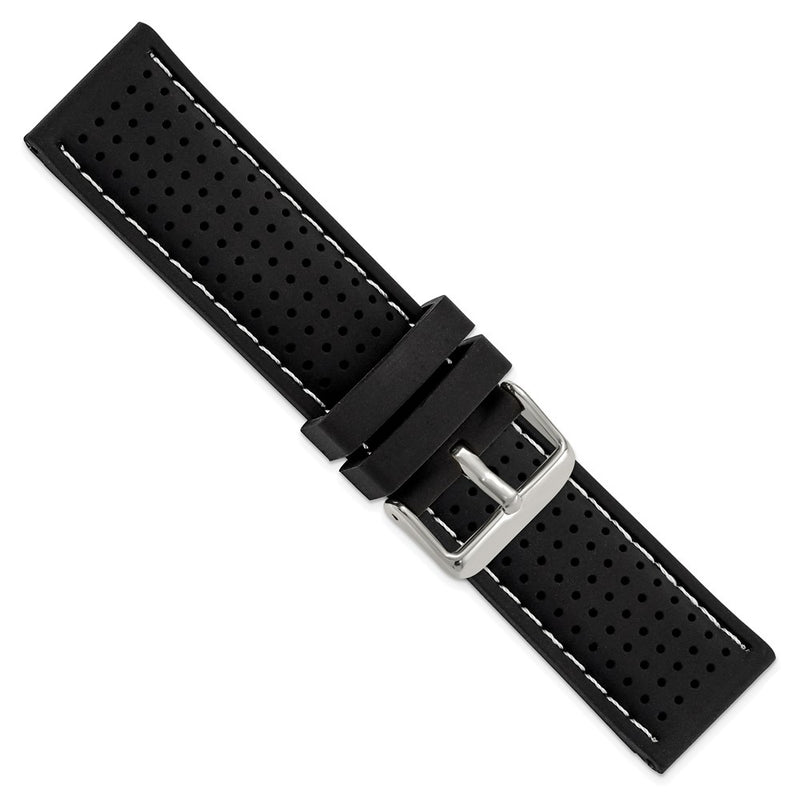 24mm Black White Stitch Ventilated Silicone Silver-tone Buckle Watch Band