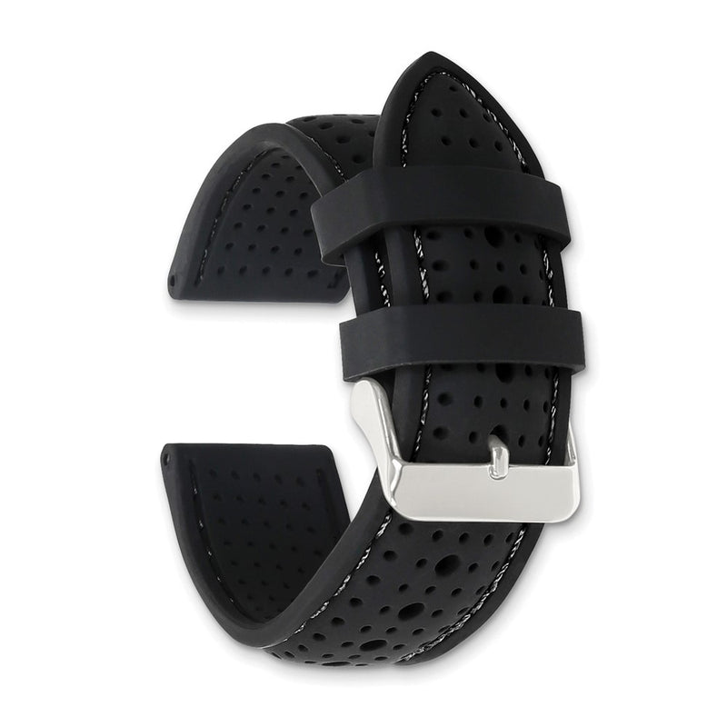 DeBeer 24mm Black Ventilated Silicone with Black Stitching and Silver-tone Buckle 8 inch Watch Band