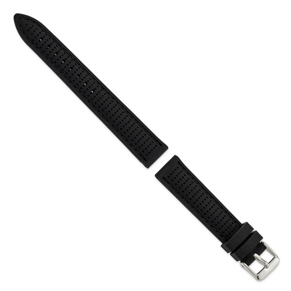 DeBeer 18mm Black Ventilated Silicone with Black Stitching and Silver-tone Buckle 8 inch Watch Band