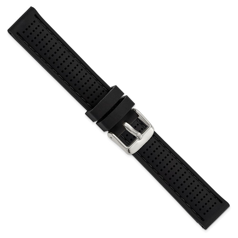DeBeer 18mm Black Ventilated Silicone with Black Stitching and Silver-tone Buckle 8 inch Watch Band