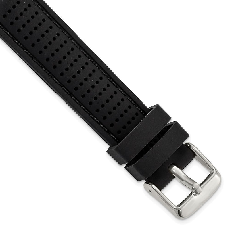 18mm Black Black Stitch Ventilated Silicone Silver-tone Buckle Watch Band