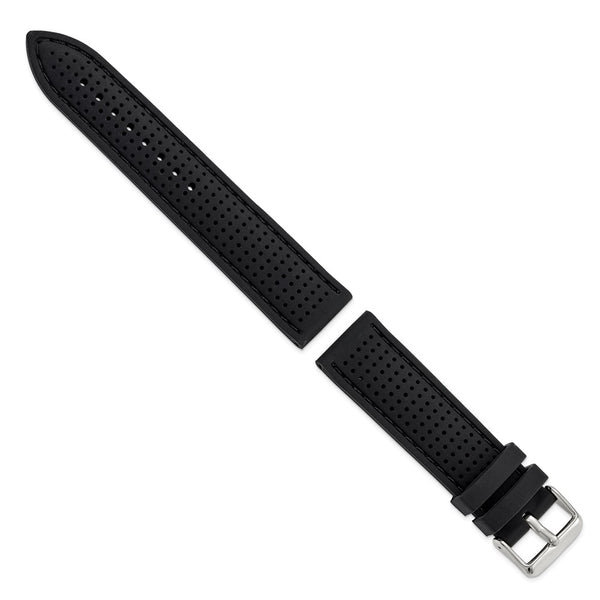 22mm Black Black Stitch Ventilated Silicone Silver-tone Buckle Watch Band