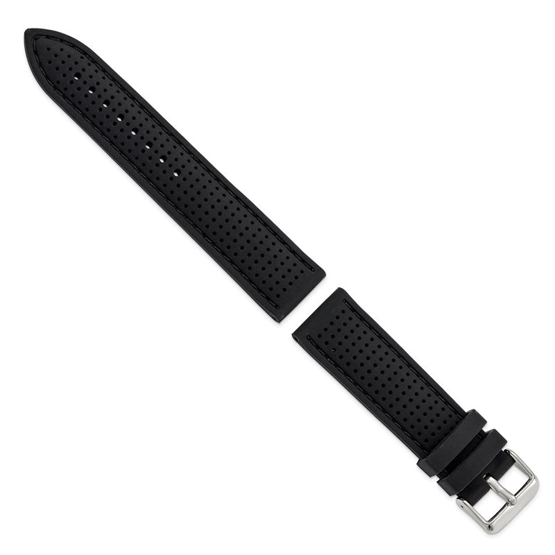 DeBeer 22mm Black Ventilated Silicone with Black Stitching and Silver-tone Buckle 8 inch Watch Band