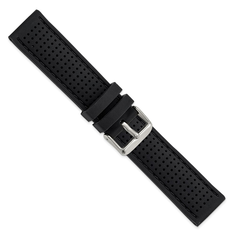 DeBeer 22mm Black Ventilated Silicone with Black Stitching and Silver-tone Buckle 8 inch Watch Band