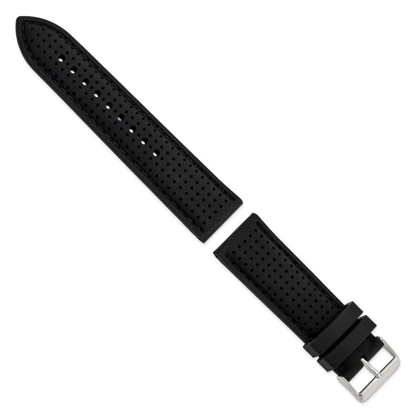 DeBeer 24mm Black Ventilated Silicone with Black Stitching and Silver-tone Buckle 8 inch Watch Band