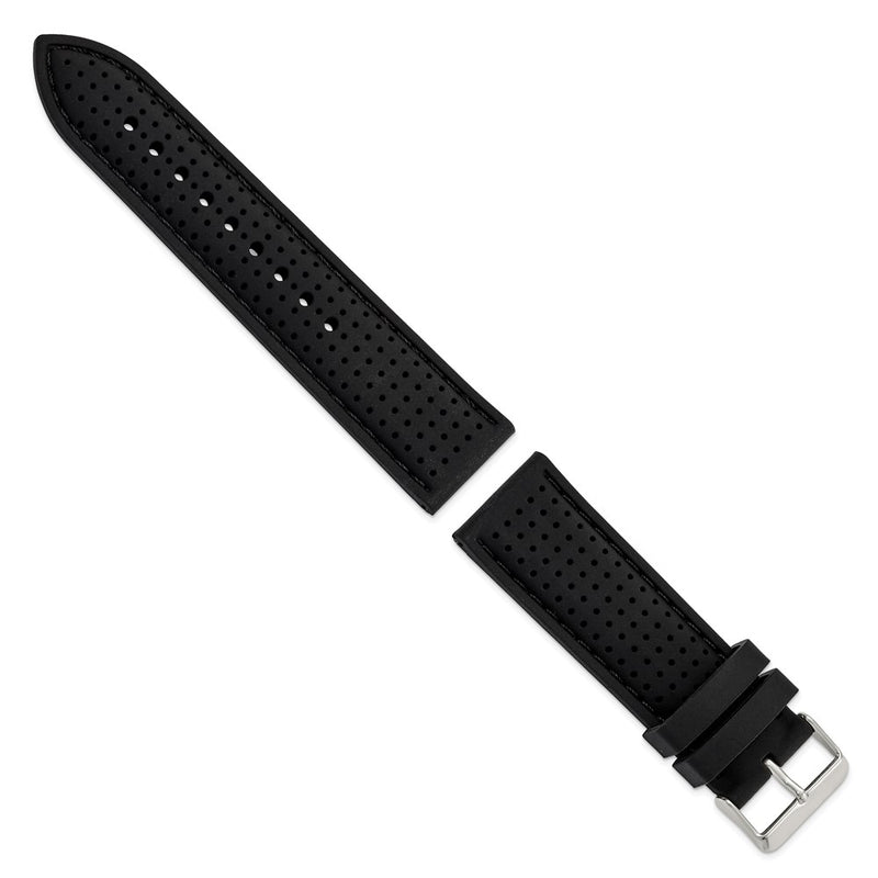 DeBeer 24mm Black Ventilated Silicone with Black Stitching and Silver-tone Buckle 8 inch Watch Band