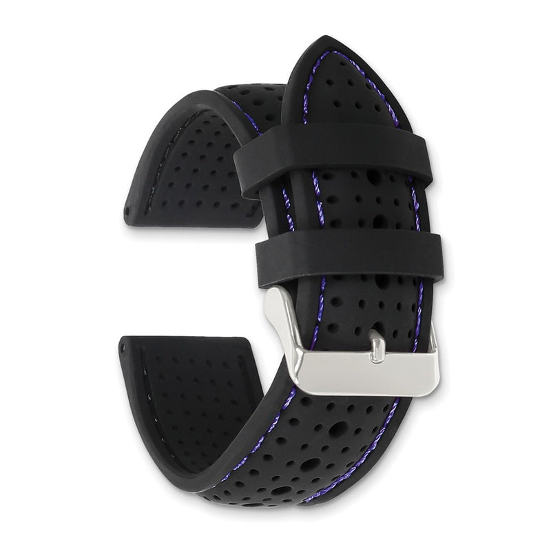 DeBeer 24mm Black Ventilated Silicone with Blue Stitching and Silver-tone Buckle 8 inch Watch Band