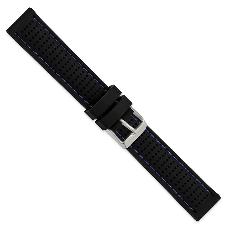 18mm Black Blue Stitch Ventilated Silicone Silver-tone Buckle Watch Band