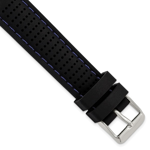 DeBeer 18mm Black Ventilated Silicone with Blue Stitching and Silver-tone Buckle 8 inch Watch Band