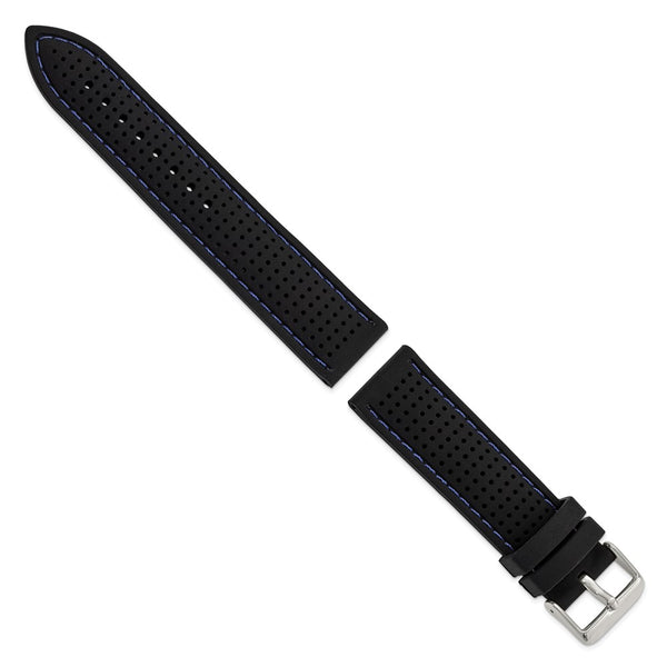 DeBeer 22mm Black Ventilated Silicone with Blue Stitching and Silver-tone Buckle 8 inch Watch Band
