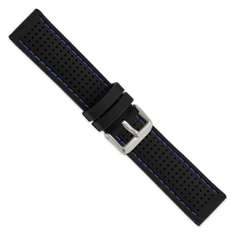 DeBeer 22mm Black Ventilated Silicone with Blue Stitching and Silver-tone Buckle 8 inch Watch Band