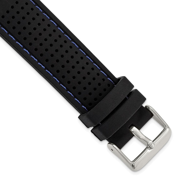 22mm Black Blue Stitch Ventilated Silicone Silver-tone Buckle Watch Band