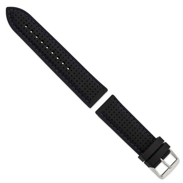 24mm Black Blue Stitch Ventilated Silicone Silver-tone Buckle Watch Band