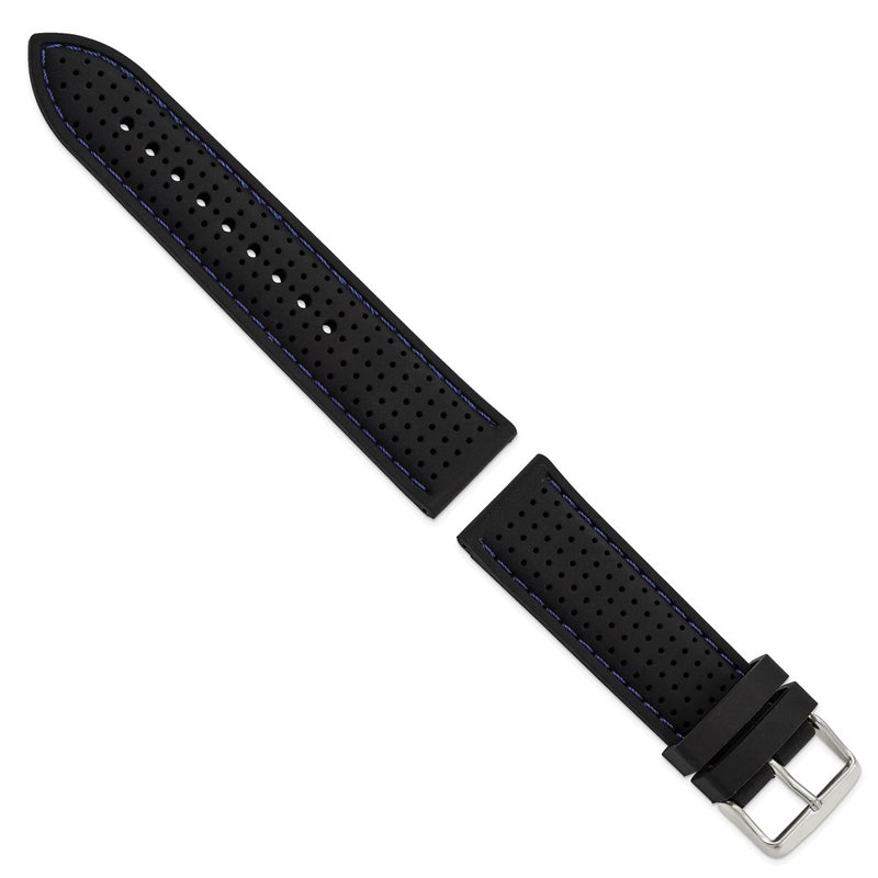 DeBeer 24mm Black Ventilated Silicone with Blue Stitching and Silver-tone Buckle 8 inch Watch Band