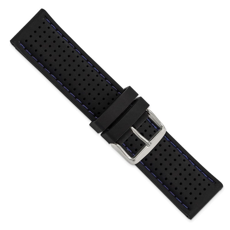 DeBeer 24mm Black Ventilated Silicone with Blue Stitching and Silver-tone Buckle 8 inch Watch Band