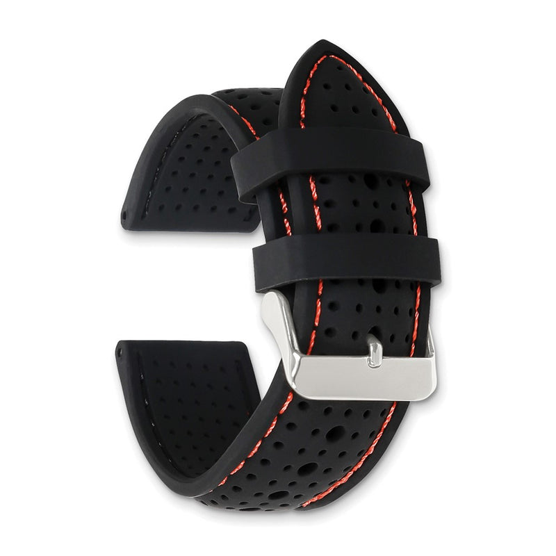 DeBeer 24mm Black Ventilated Silicone with Red Stitching and Silver-tone Buckle 8 inch Watch Band