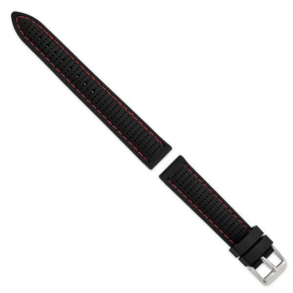 18mm Black Red Stitch Ventilated Silicone Silver-tone Buckle Watch Band