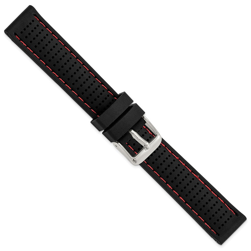 18mm Black Red Stitch Ventilated Silicone Silver-tone Buckle Watch Band