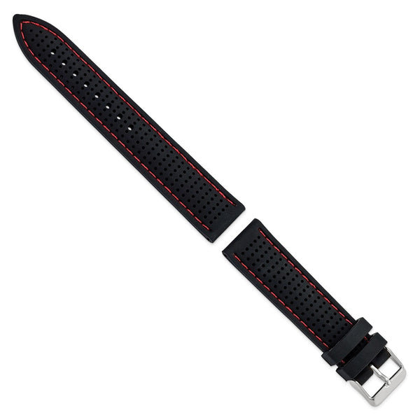 20mm Black w/Red Ventilated Silicone Silver-tone Buckle Watch Band