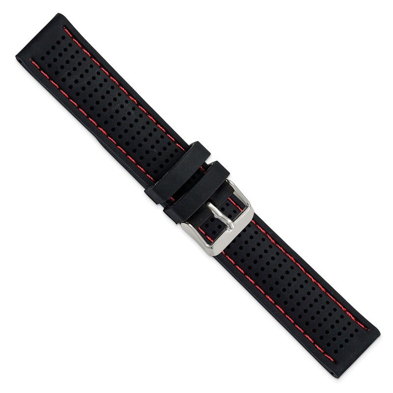 DeBeer 20mm Black Ventilated Silicone with Red Stitching and Silver-tone Buckle 8 inch Watch Band