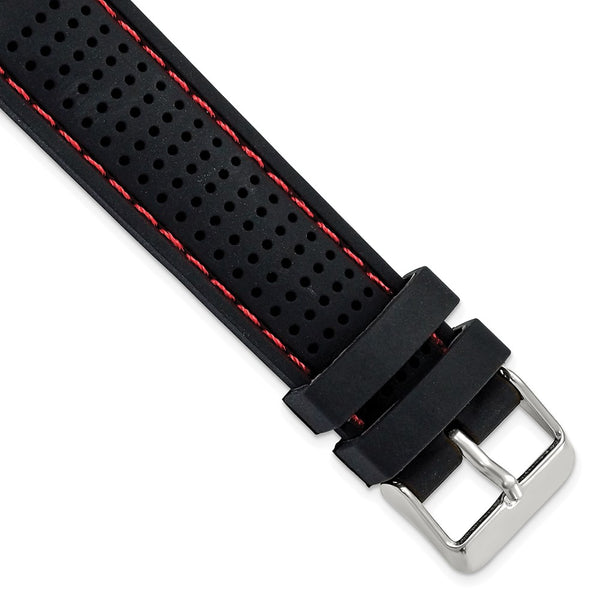 20mm Black w/Red Ventilated Silicone Silver-tone Buckle Watch Band