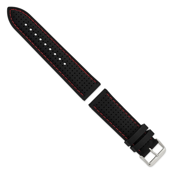 24mm Black Red Stitch Ventilated Silicone Silver-tone Buckle Watch Band