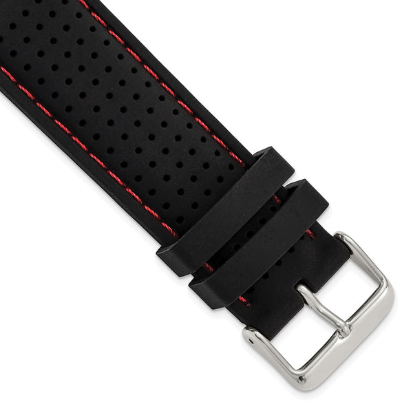 DeBeer 24mm Black Ventilated Silicone with Red Stitching and Silver-tone Buckle 8 inch Watch Band