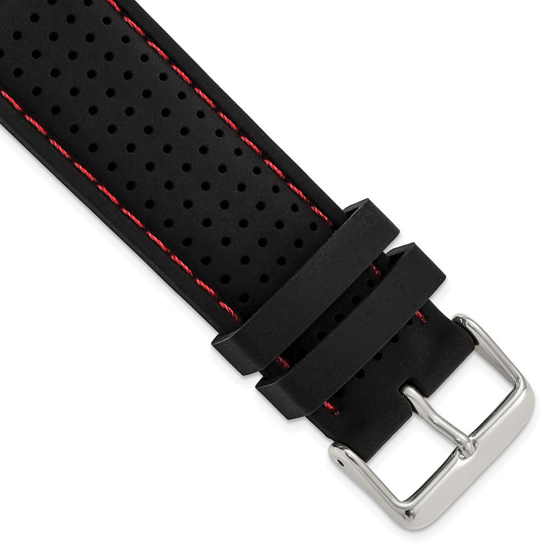 DeBeer 24mm Black Ventilated Silicone with Red Stitching and Silver-tone Buckle 8 inch Watch Band