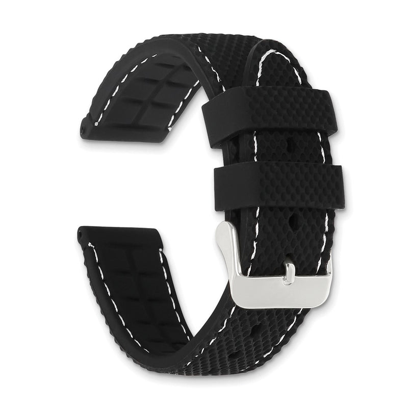 DeBeer 20mm Black Textured Silicone with White Stitching and Silver-tone Buckle 8 inch Watch Band