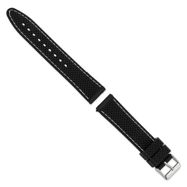 DeBeer 20mm Black Textured Silicone with White Stitching and Silver-tone Buckle 8 inch Watch Band