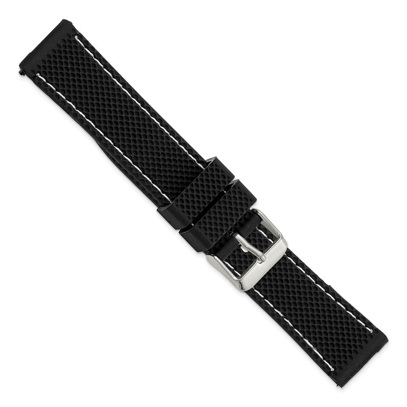 DeBeer 20mm Black Textured Silicone with White Stitching and Silver-tone Buckle 8 inch Watch Band