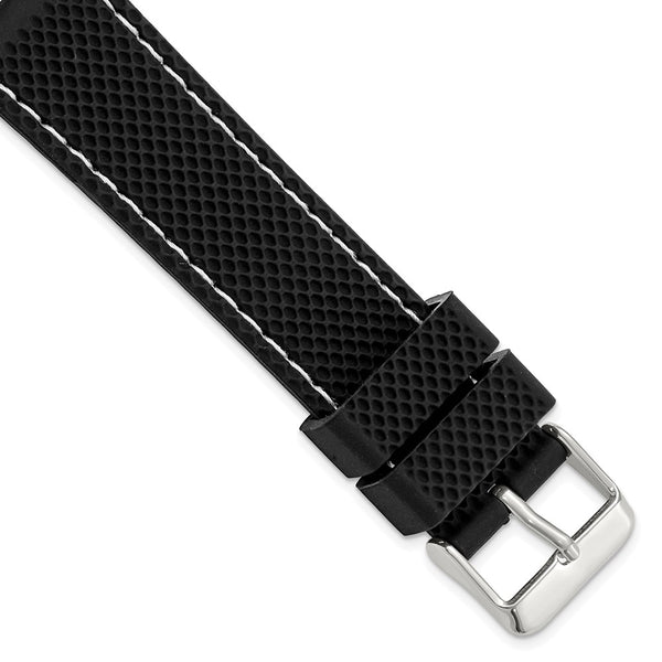 DeBeer 20mm Black Textured Silicone with White Stitching and Silver-tone Buckle 8 inch Watch Band