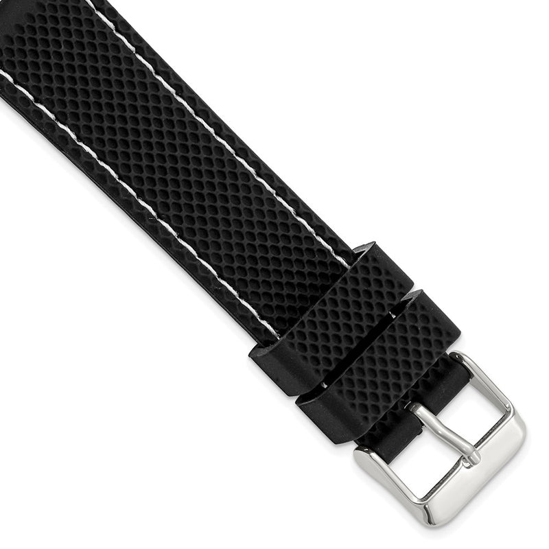 DeBeer 20mm Black Textured Silicone with White Stitching and Silver-tone Buckle 8 inch Watch Band