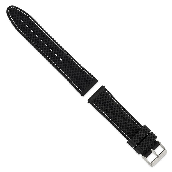 22mm Black Silicone White Stitch Silver-tone Buckle Watch Band