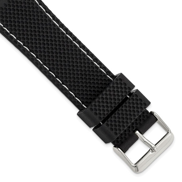 22mm Black Silicone White Stitch Silver-tone Buckle Watch Band