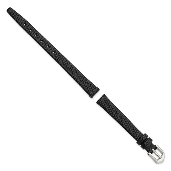 Gilden 10mm Black Flat Lizard Grain Calfskin Leather with Silver-tone Aluminum Buckle 6.75 inch Watch Band