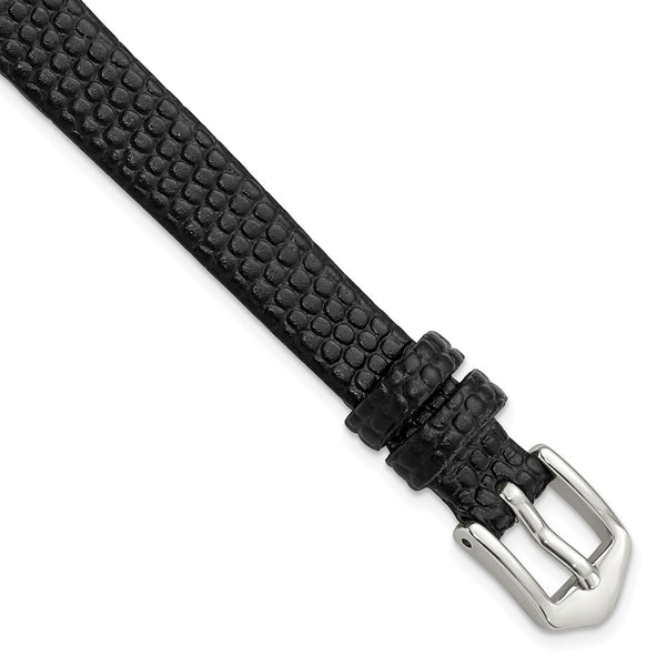 Gilden 10mm Black Flat Lizard Grain Calfskin Leather with Silver-tone Aluminum Buckle 6.75 inch Watch Band