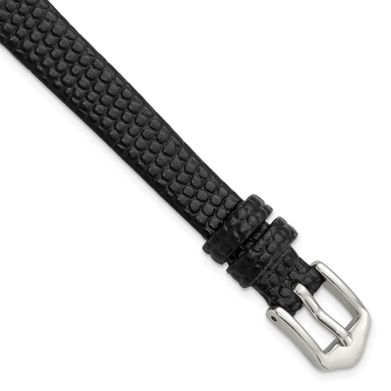 Gilden 10mm Black Flat Lizard Grain Calfskin Leather with Silver-tone Aluminum Buckle 6.75 inch Watch Band