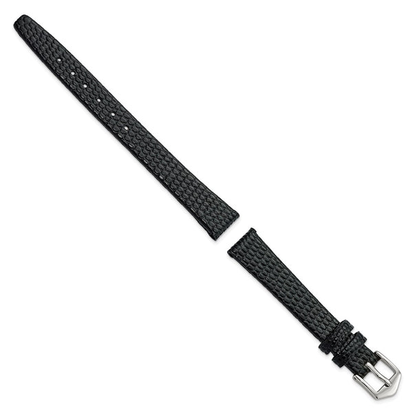 Gilden 12mm Black Flat Lizard Grain Calfskin Leather with Silver-tone Aluminum Buckle 6.75 inch Watch Band