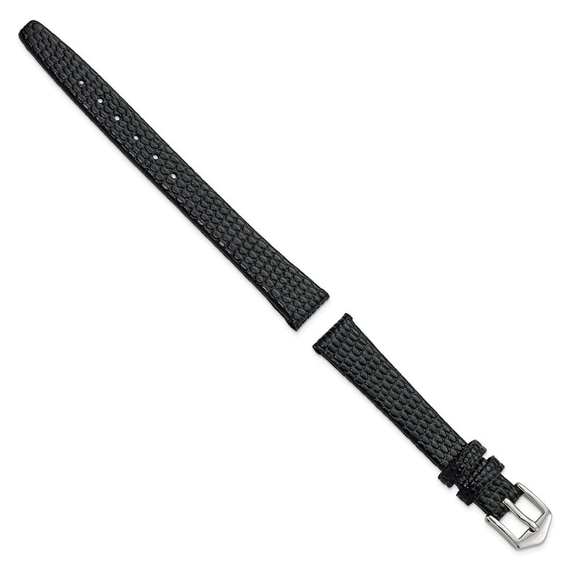 Gilden 12mm Black Flat Lizard Grain Calfskin Leather with Silver-tone Aluminum Buckle 6.75 inch Watch Band